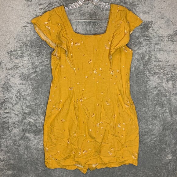 ana Women Floral Linen Blend Mustard Yellow Flutter Sleeve Mini Sheath Dress M - Picture 2 of 9